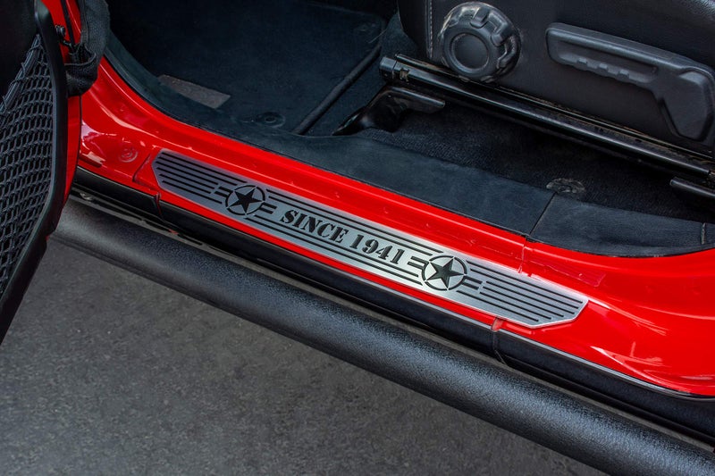 DV8 Offroad Door Sill Plates for 2018-2025 Wrangler JL and 2020-2025 Gladiator JT | Front Pair | Embossed with Since 1941" | Billet Aluminum Construction - Image 2